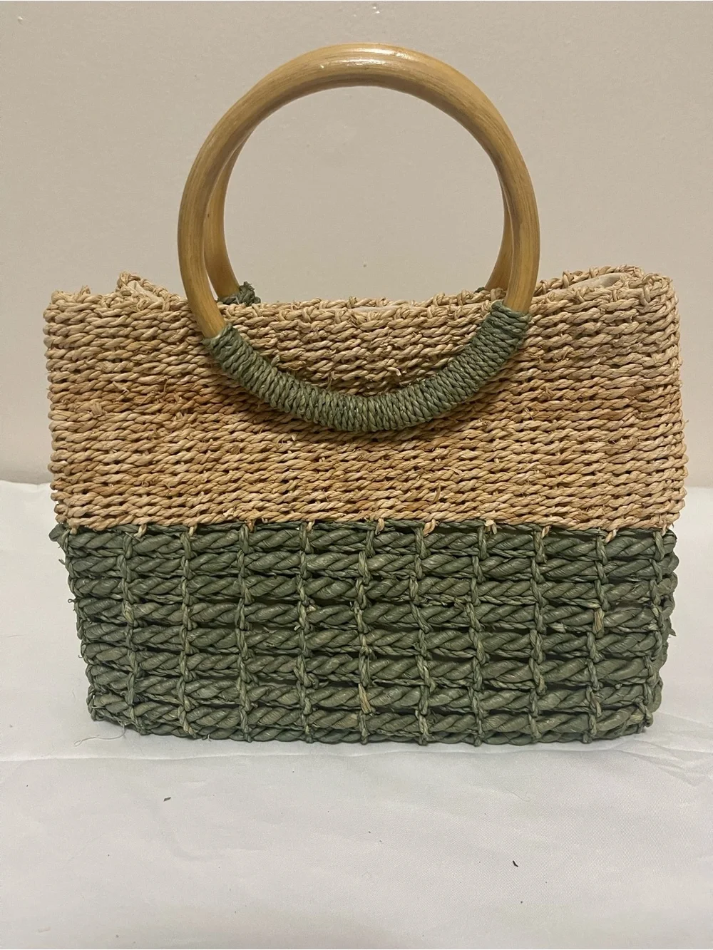 Woven Two-Tone Straw Tote Bag with Wooden Handles - Olive & Natural